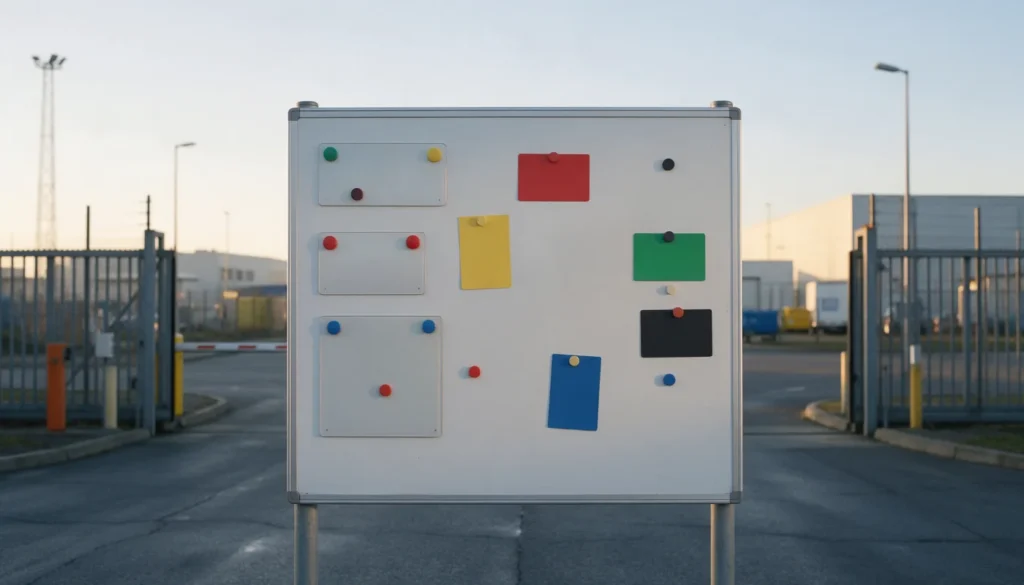 Quadro de SIPAT e DDS: quadro magnético em branco na entrada de uma área industrial ao amanhecer